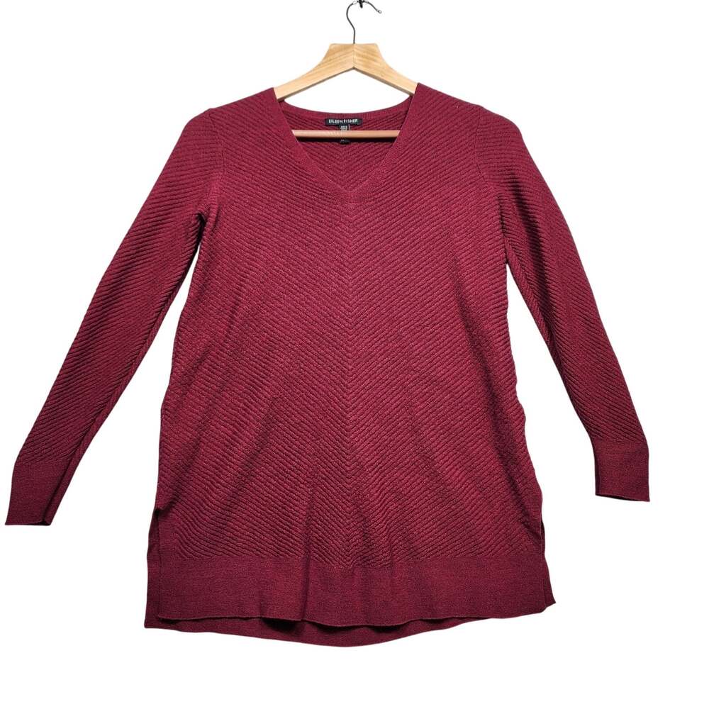 Eileen Fisher Merlot 100% Fine Merino Wool Vneck Knit Sweater Sz XS